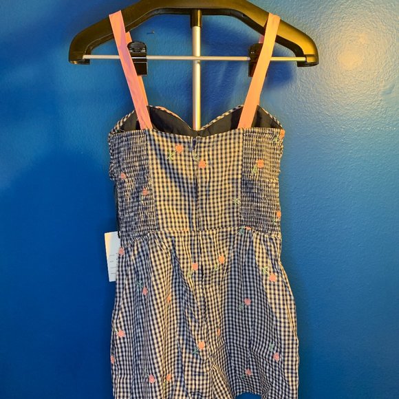 Unique Vintage Navy Gingham & Pink Floral Embroidered Rae Romper with Bow Size M - Picture 4 of 8